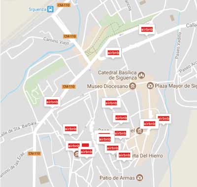 Mapa de la plataforma Airbnb con la oferta de alquileres turísticos de viviendas particulares en Sigüenza